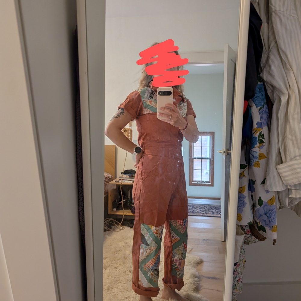 Big Bud Press Patchwork Jumpsuit in Terracotta/ Clay with vintage quilt patches